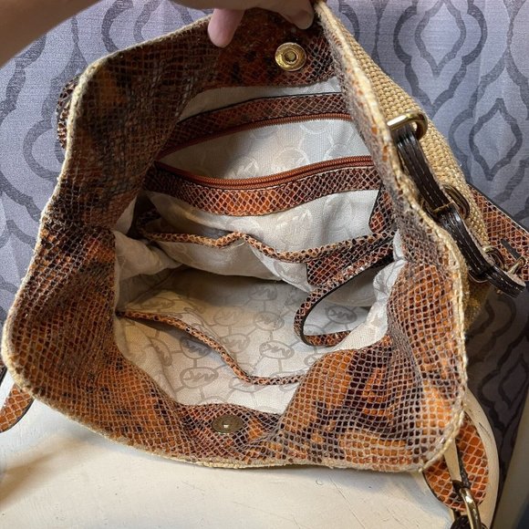 MICHAEL KORS STRAW SHOULDER BAG W/ REPTILE LEATHER TRIM GOLD TONE HARDWARE Boho - Picture 10 of 10